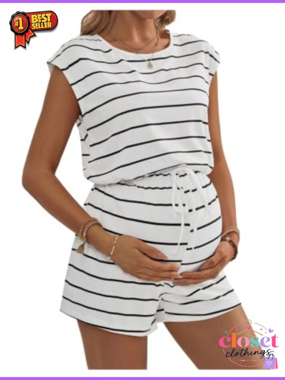 Maternity Romper Summer Striped Pregnancy Jumpsuit with Drawstring Waist